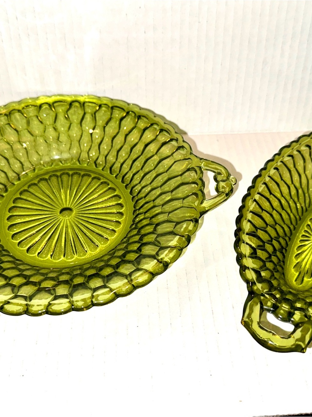 Vintage Green Indian Pressed Honeycomb Pattern Glass Serving Bowls - Set